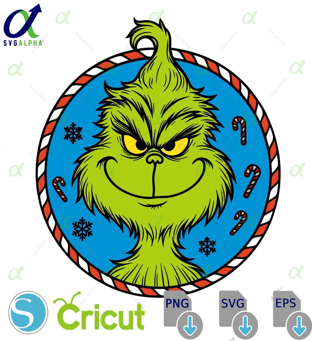 Grinch Face Christmas Svg Classic Grinch In Candy Cane Circle Funny Holiday Png For Cricut Merry Grinchmas Vector Design